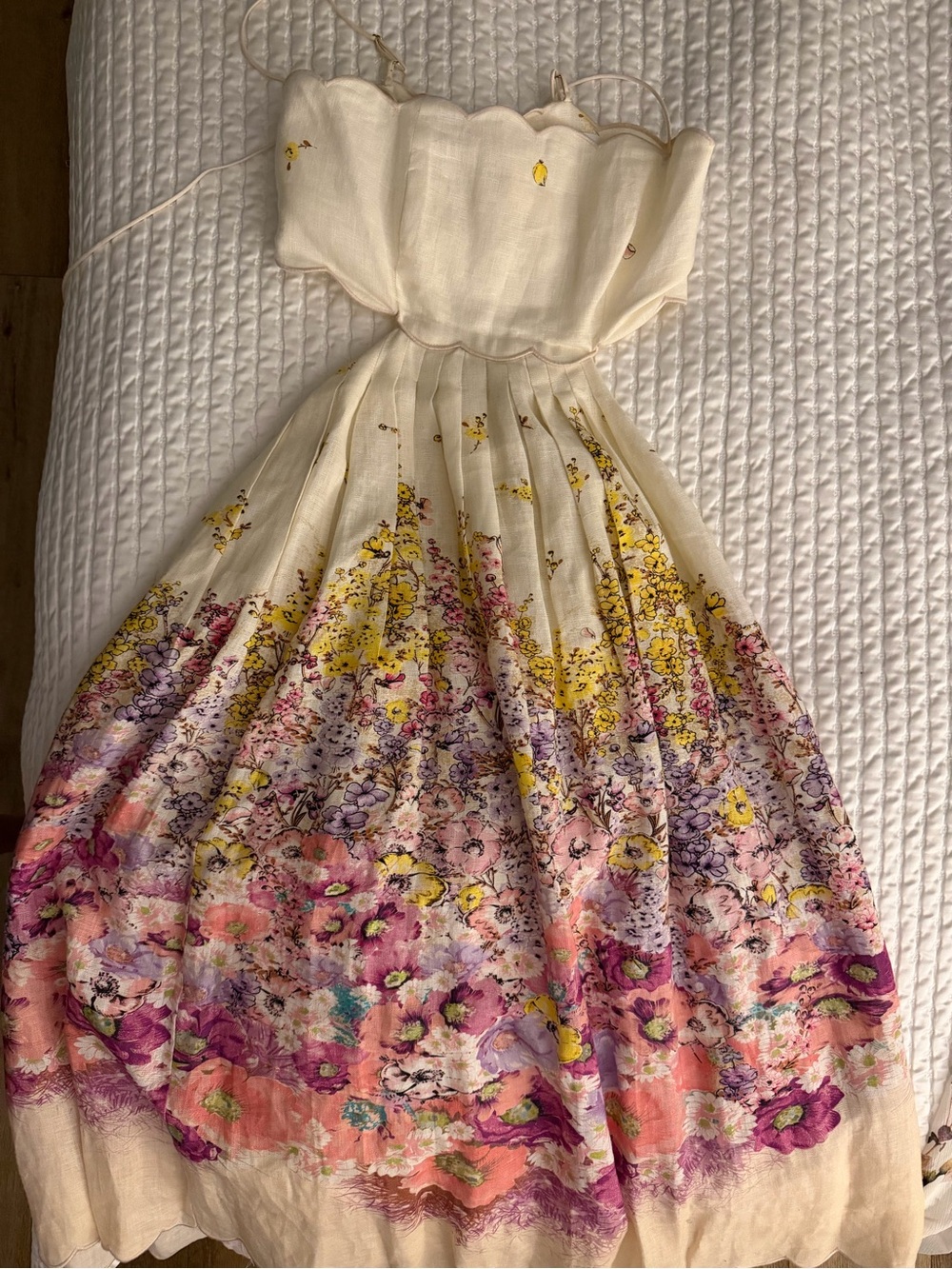 Zimmermann Cream Floral Ombre Midi Dress with Pink, Purple & Yellow